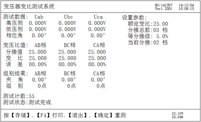 三相匝數(shù)比測試結(jié)果屏